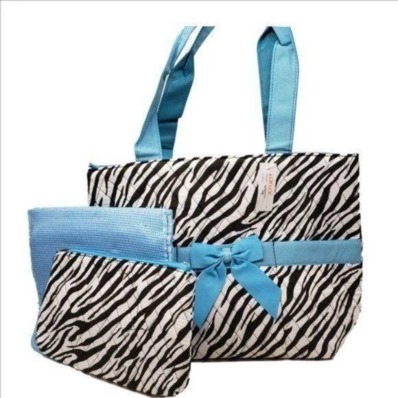 LAR LAR Quilted Diaper Bag Zebra PrInt w/Turquoise Blue Bow Accents NEW w/TAG - Picture 1 of 5